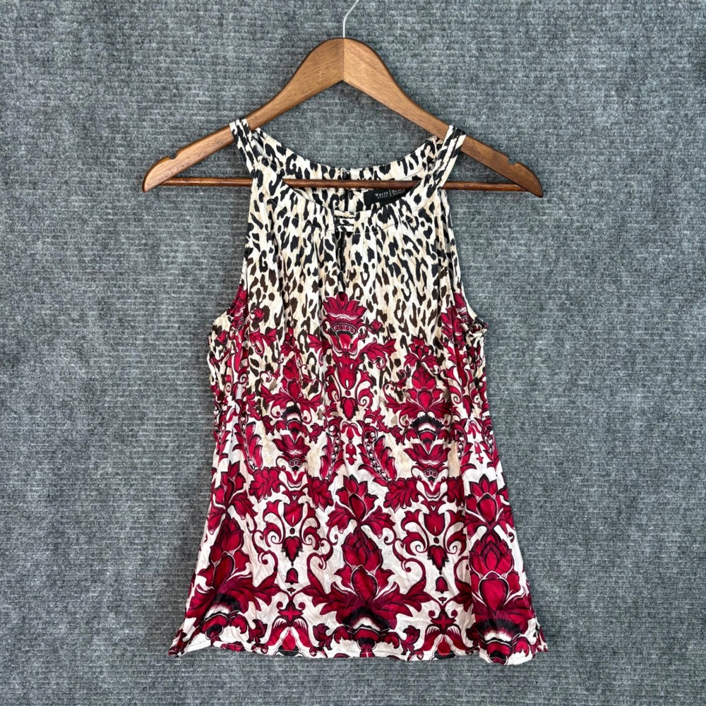 White House Black Market Silk Sleeveless Top Leopard Floral Print Ref Black Sz 6